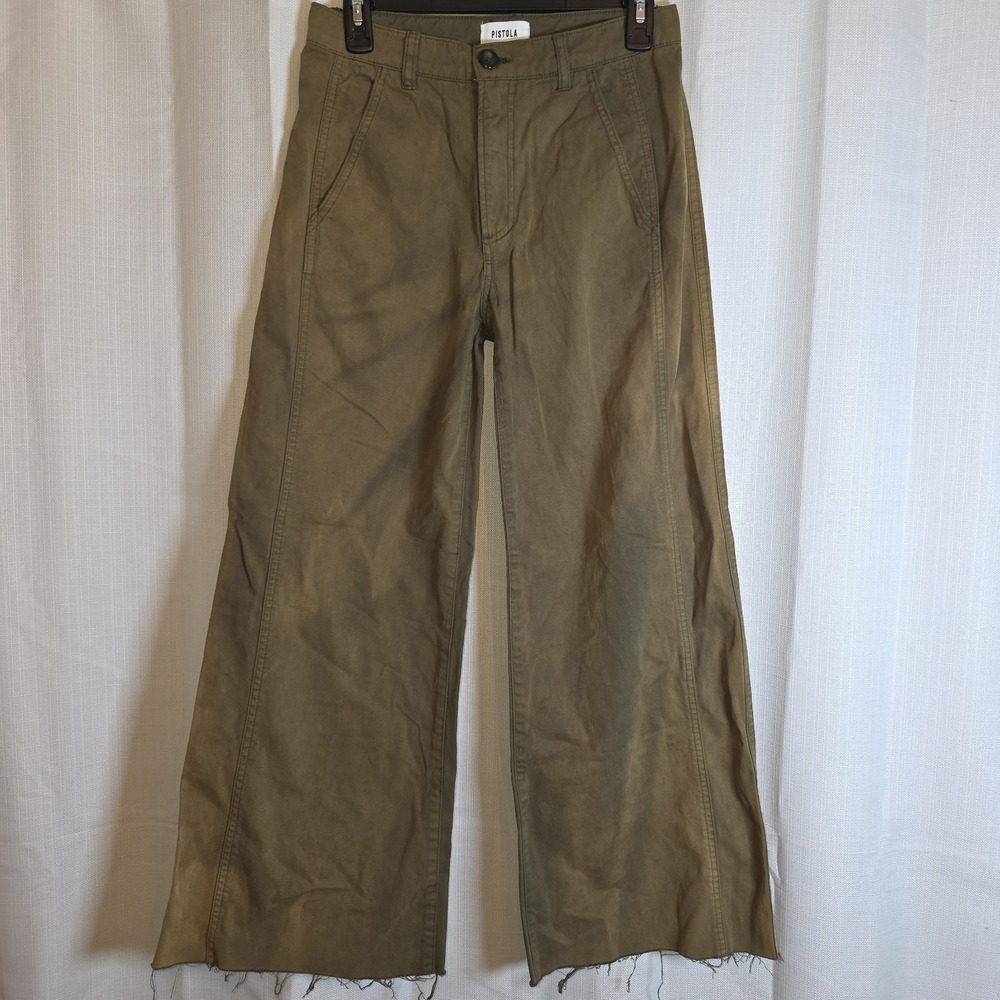 Pistola Army Green Highwaisted Wide Leg Cropped Pants 24 Raw Hem Faded - Picture 1 of 13